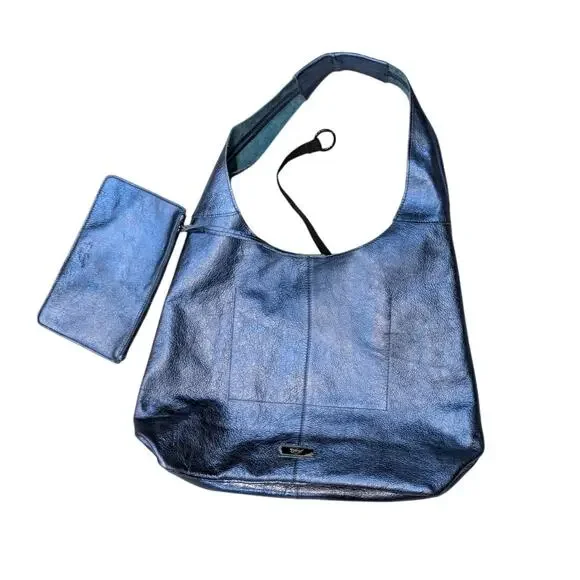 New Sharif Legacy Pearlized Blue Slouchy Leather Hobo with Wristlet - Picture 10 of 10